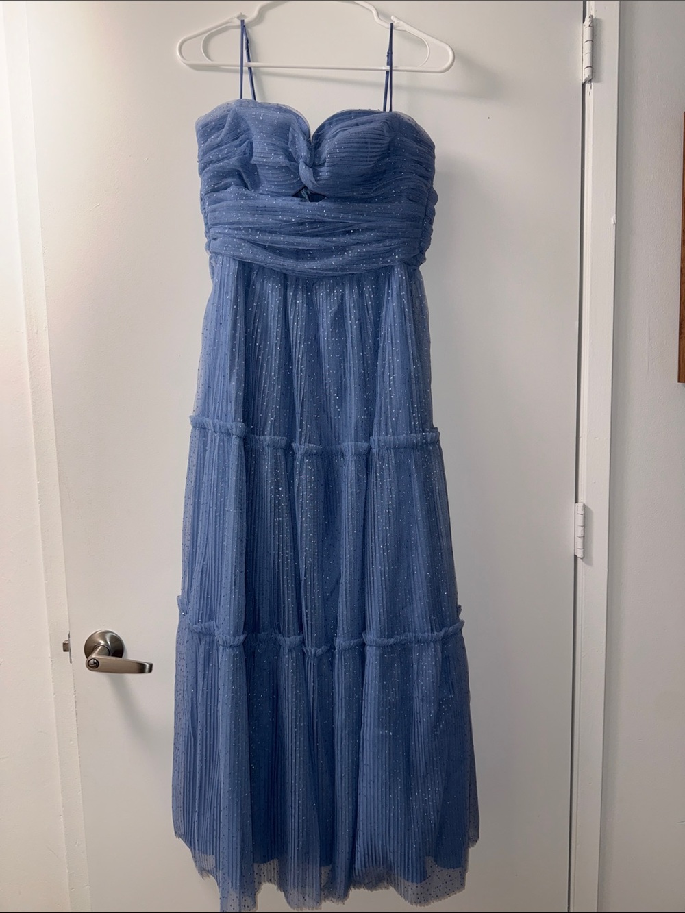 B Darlin Dusty Blue Strapless Sparkle Tulle Midi Dress